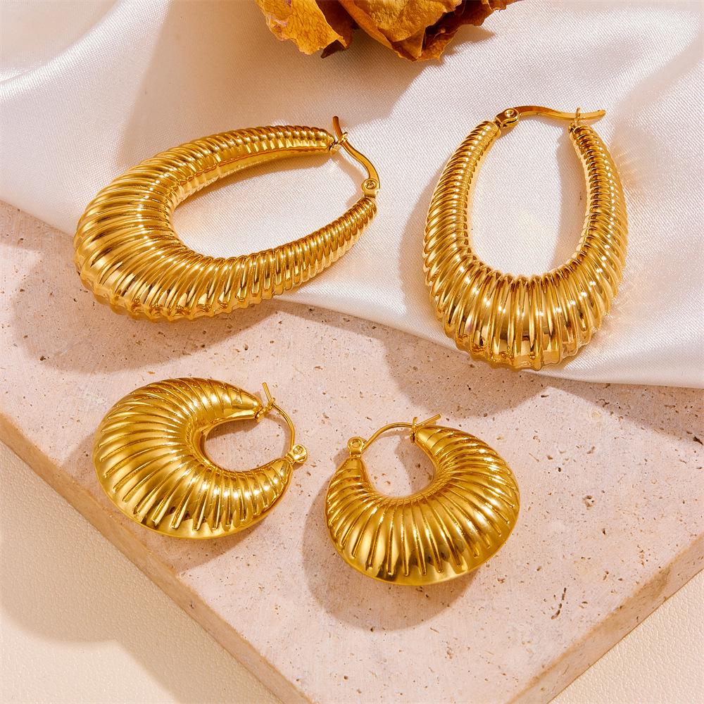 European Style 18K Gold Stainless Steel Threaded Hollow Earrings