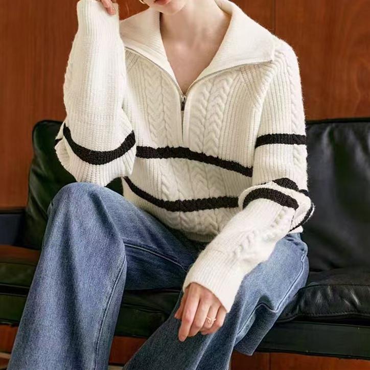 

Striped pullover knitted sweater for women s autumn and winter new half-zipper lapel twist sweater for women is fashionable and casual 410-231 (average size) брудно-білий