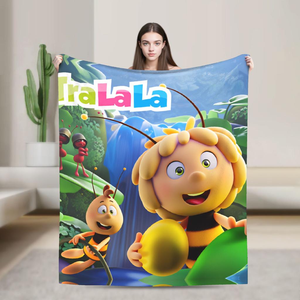 Maya The Bee With Flowers Blanket Cartoon Soft Comfortable Plush Throw Blanket For Couch Bed Camping Flannel Bedspread Bed Cover
