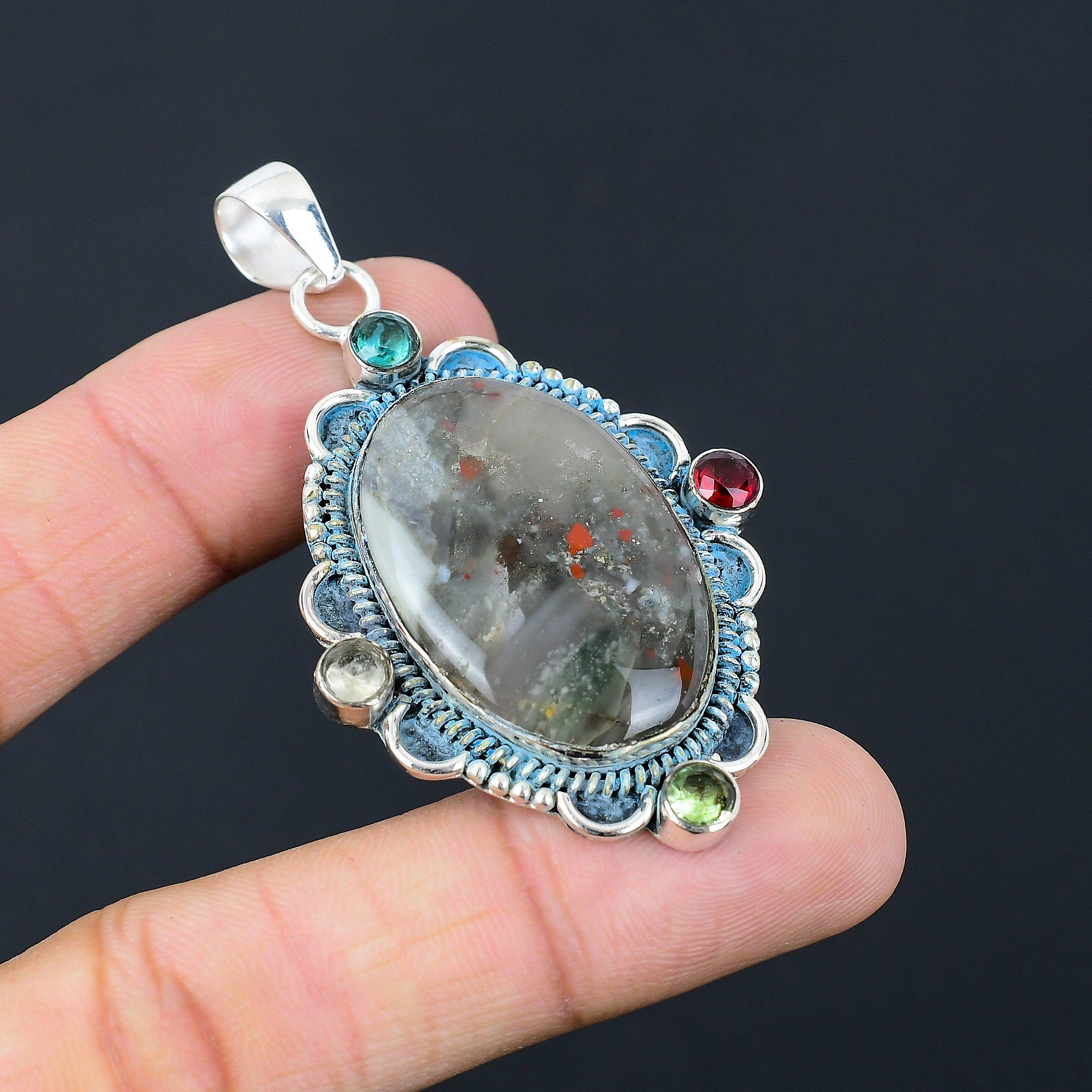 Sterling Silver Natural Tabu Jasper Mozambique Garnet Daughter Pendant Jewelry