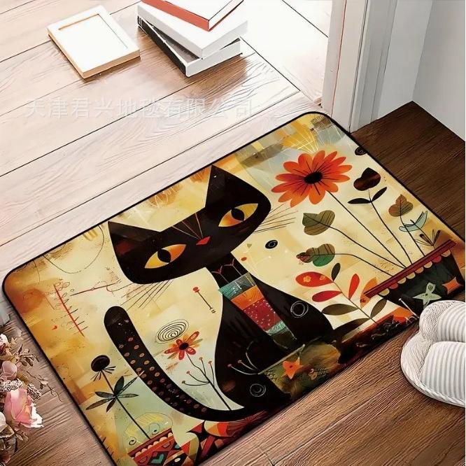 1Pcs Anti Fatigue Kitchen Rugs,Floral Black Cat Print Waterproof Non-Slip Thick Cushioned Kitchen Mat Heavy Duty Comfort Standing Mat for Kitchen