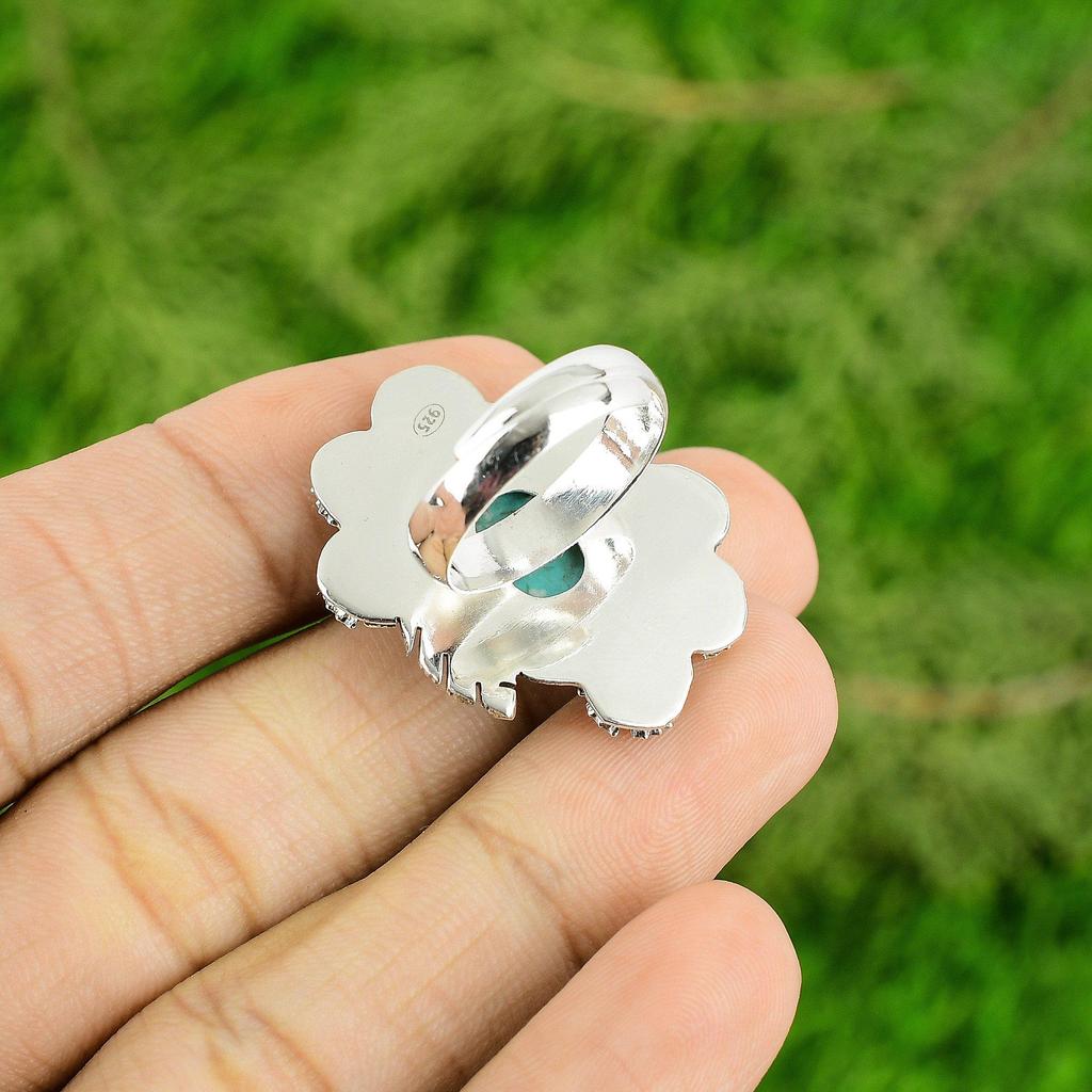 Natural Tibetan Turquoise 925 Silver Flower Adjustable Ring For Women