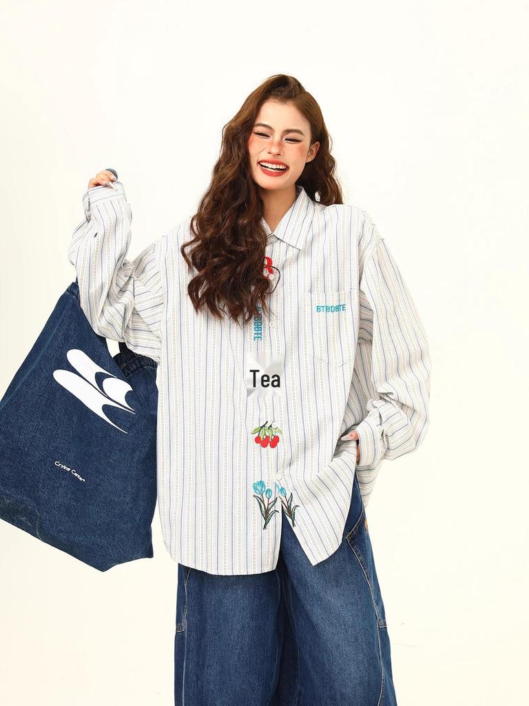 Women's 2025 Artistic Striped Embroidered Long Sleeve Shirt - Retro, Loose, Versatile for Spring & Autumn