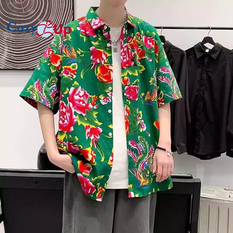 Cozy Up Men's Casual Northeast Large Flower Retro Couple Loose Short-sleeved Floral Shirt