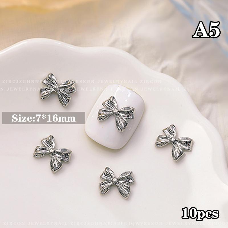 10Pcs Silver Alloy Nail Art Bow Charms Accessories Parts For Manicure Decorate Retro Nails Decoration Design Supplies