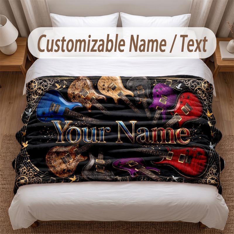 Music Guitar Theme Soft Blanket Personalized Custom Name Text Print Warm Blanket Home Sofa Bedroom Decor