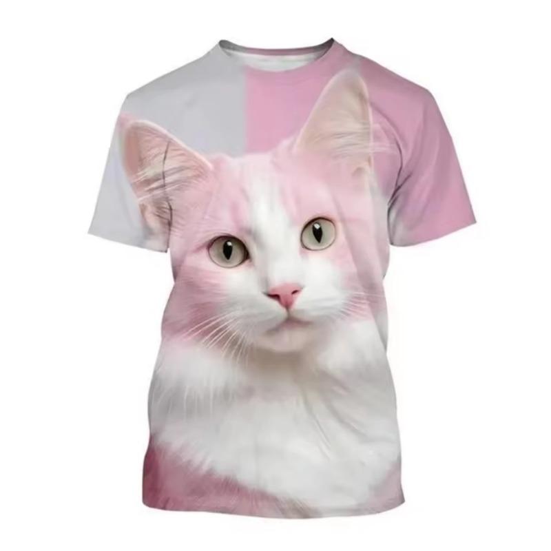 Fashion Korean Kids Clothes Cute Cat Print Tees Children's T-Shirt Girls Summer Clothes Kawaii Crew Neck Junior Girls' Clothing