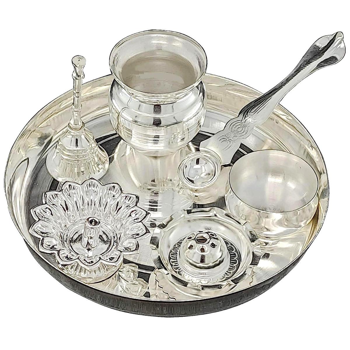 Silver Plated Pooja thali Set 17.78 CM Festival Ethnic Puja Thali Items for Diwali Daily Home Mandir Office Wedding Return Gift