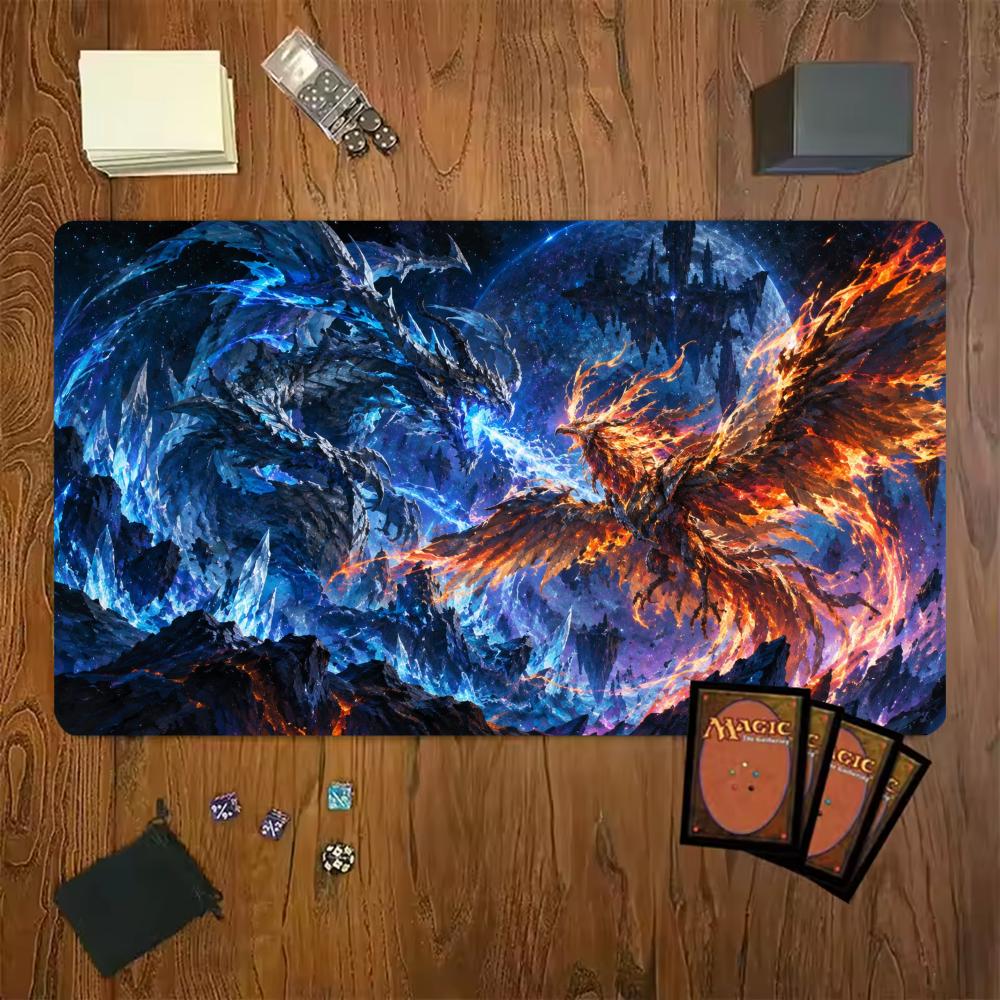 Magic Card Playmat TCG Playmat Ice Fire Phoenix Non-Slip Stitched Edge Mythic Gaming Mats Tapete Magic Mat Card Pad