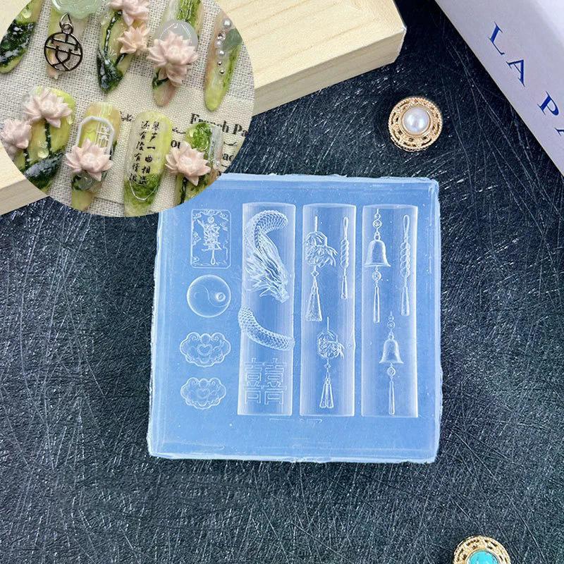 3D Chinese-Style Transparent Silicone Nail Molds Dragon Copper Coins Bells Chinese Knots Fan Manicure Design Templates