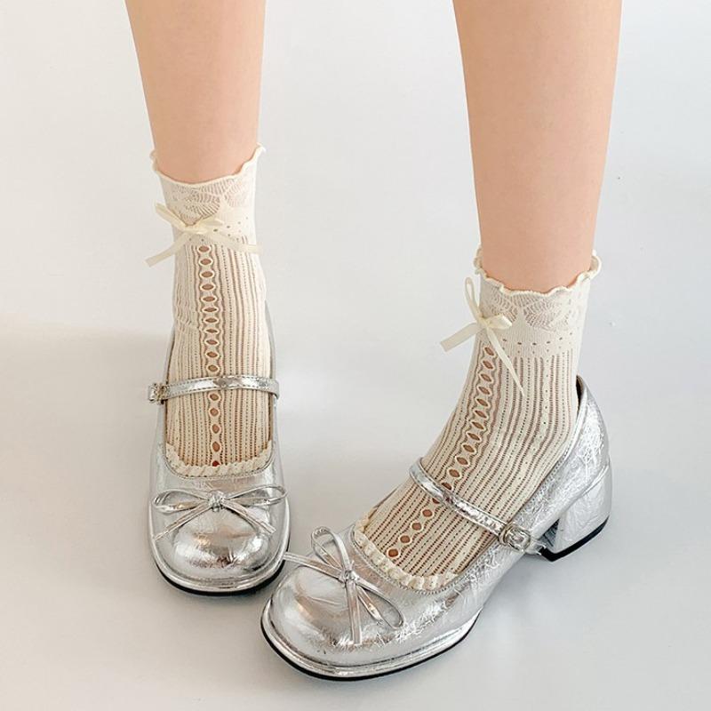 Fashion Red Pumps for Women Spring Autumn Thick Middle Heel Leather Women's Single Shoes Fashion Round Toe Bow Heeled Mary Jane Shoes