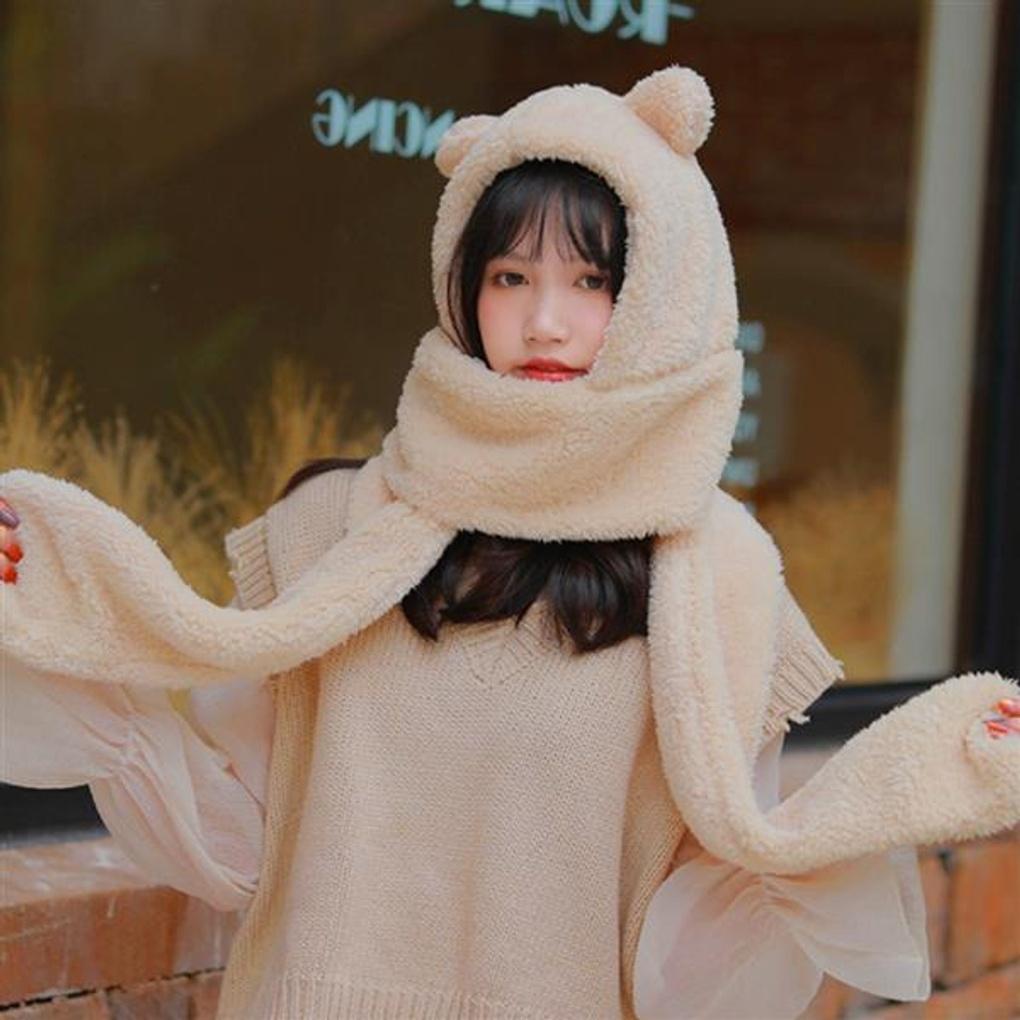 Teddy Bear Hooded Scarf, Poggle Hooded Muffler for Women