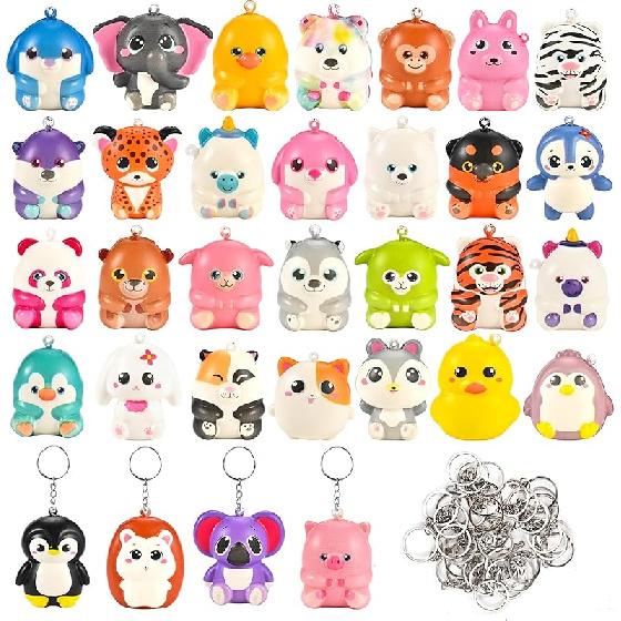 GOLDGE 32 Pcs Squishy Donut Keychains (Not Attached) - Colorful Party Favors, Goodie Bag, Pinata Stuffers, Classroom, Carnival Prizes, Treasure Box 32 Pcs Squishy Animal Key