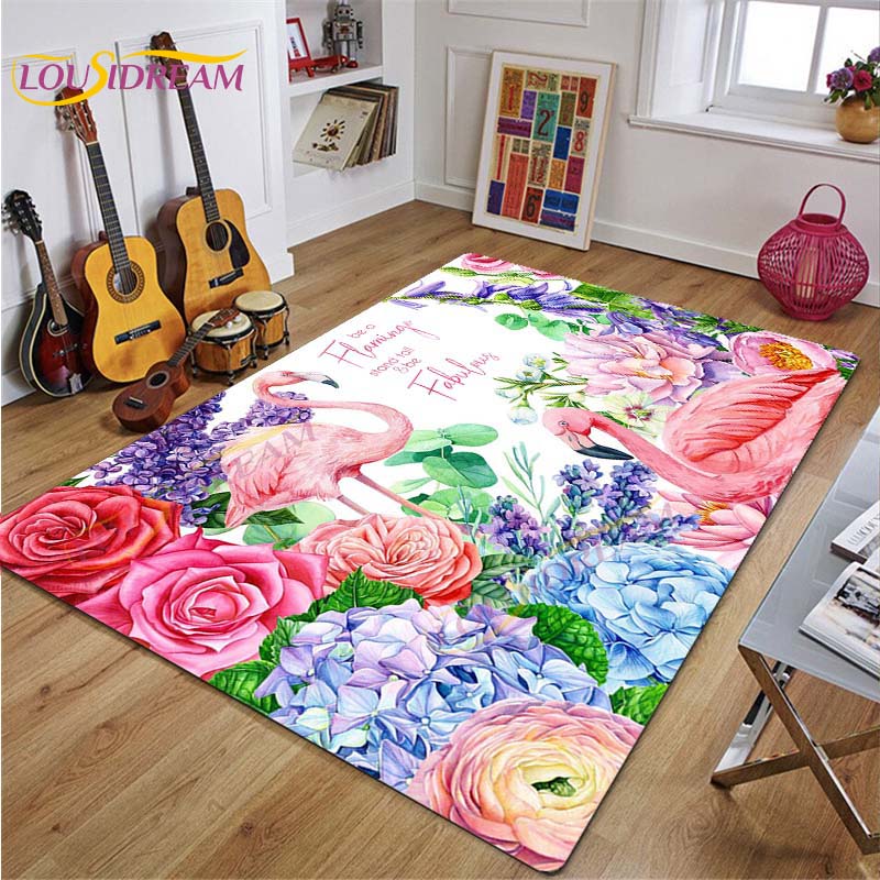 3D Flamingo Rug Carpet for Livingroom Bedroom Kids Room Colorful Modern Rug Non Slip Floor Carpet INS Style Decor Flower Carpet
