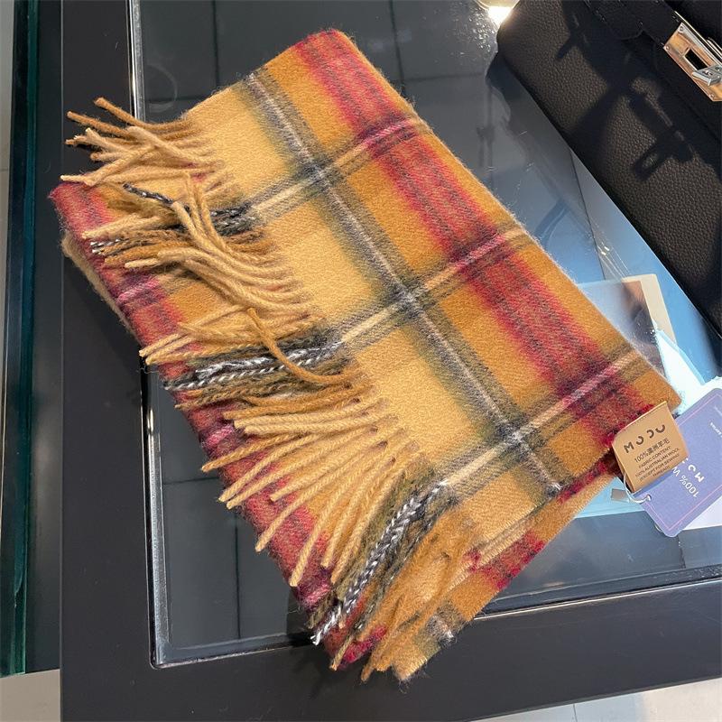

Желто-красный клетчатый шерстяной шарф с бахромой Женский зимний студенческий дорожный универсальный модный шарф повседневный 180*32cm