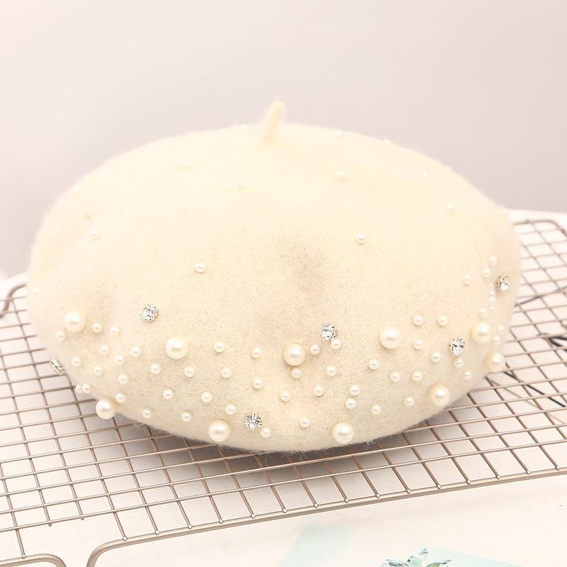 Perlwoll-Baskenmütze Damen Winter Britisch Retro Woll-Achteckmütze Vielseitige Kürbismütze