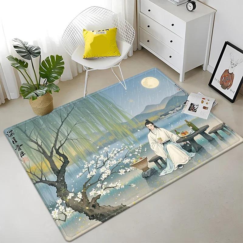 Chinese Landscape Art Area Rug Collection Exquisite Traditional Ink Painting Gold Foil Pattern Floor Mat For Living Room