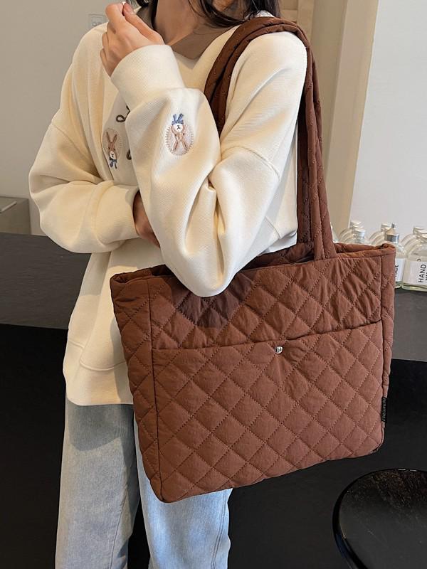 Large Diamond Lattice Cotton Padded Women's Tote – Autumn/Winter Casual Fashion Handbag