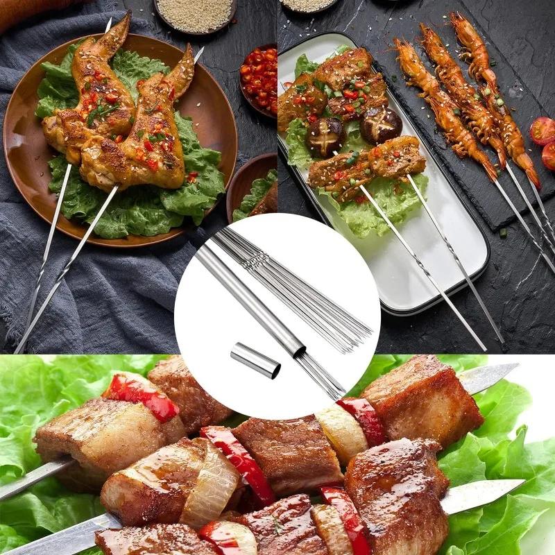 20Pcs Stainless Steel Barbecue Skewer Reusable Flat BBQ Needle Stick with Storage Tube Barbecue Tools for Outdoor Camping Party