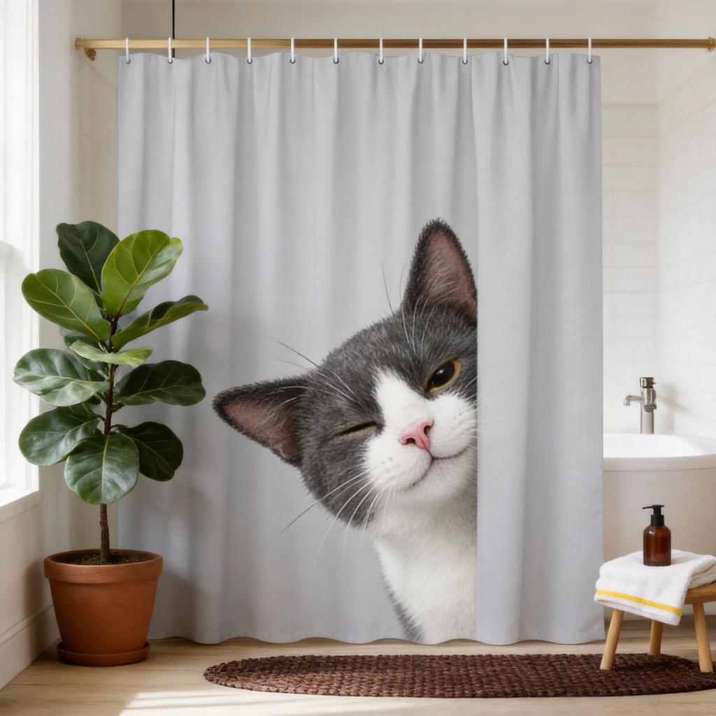 Cute Cat Peekaboo Shower Curtain Machine Washable All Season Waterproof Privacy Protection Animal Design Fun Easy Toclean12Hooks