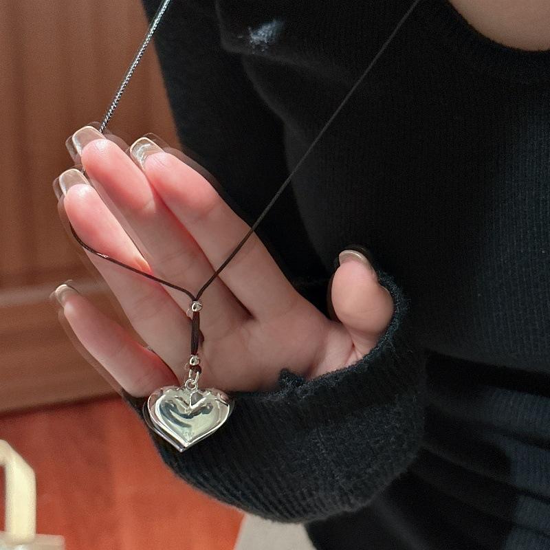 Long Black Rope Necklace 925 Sterling Silver Lover Heart Pendant Sweater Chain Necklace for Women