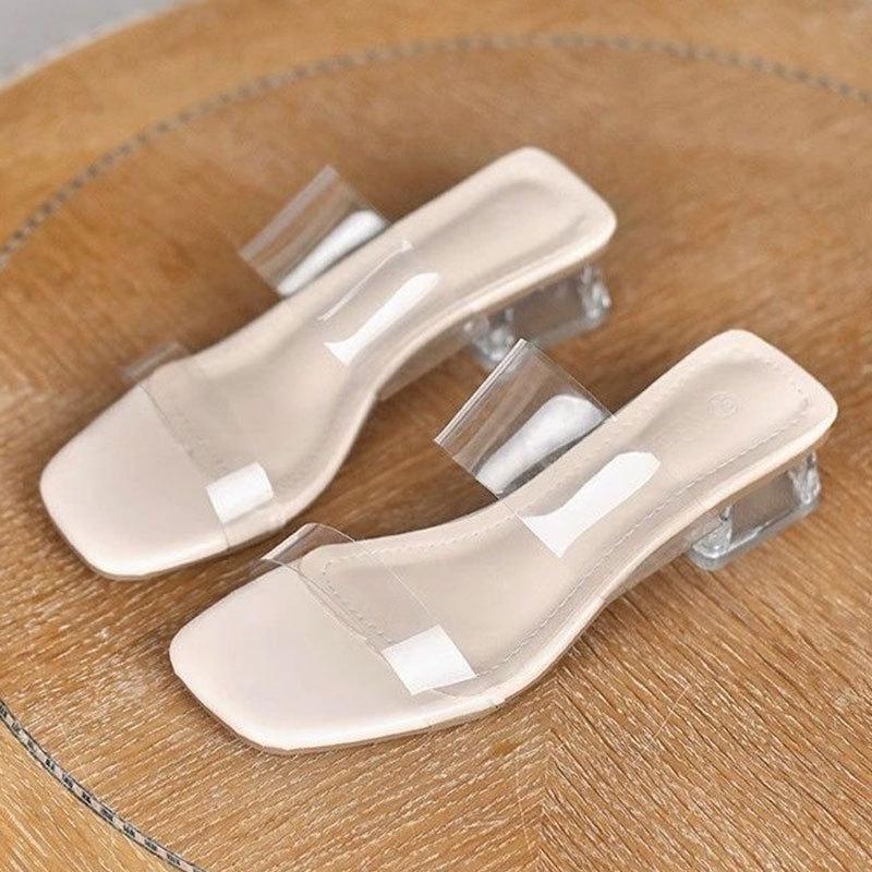 

High heels fairy sexy crystal thick heel transparent cool slippers wear high sense niche 2025 summer new 40 бежевый