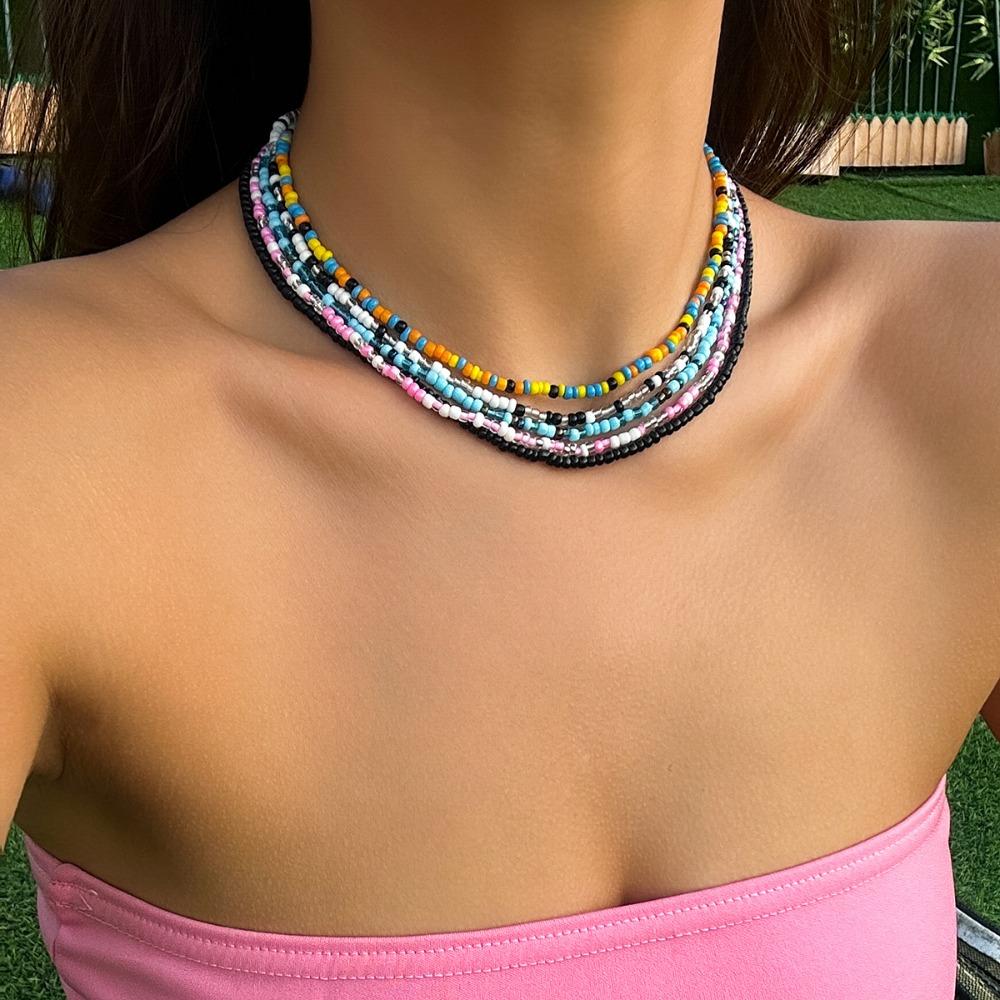 Ensemble 5 pièces Mode Bohème Couleur Dopamine Color-blocking Perles Perles de Riz Collier pour Femmes Été Doux Simple Bijoux Ensembles Accessoire