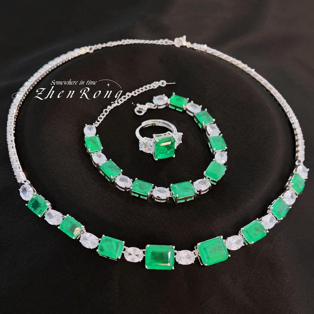 Haute Couture Jewelry Square Diamond Strap Cotton Emerald Necklace Wizard Of Oz Set Colorful Treasure Ring Green Diamond Stud Earrings Bracelet Female