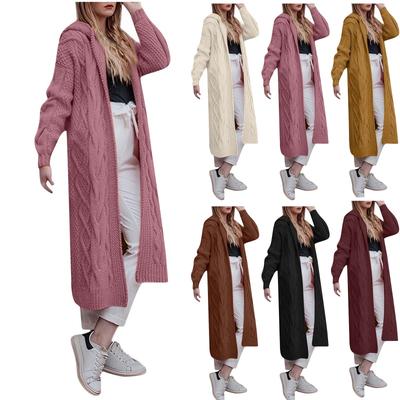 Damen Herbst und Winter Einfarbig Locker Strickpullover Mittellanger Kapuzenjacke Pullover