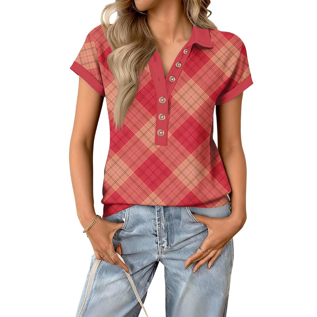 Damen modisches und lässiges Sommer V-Ausschnitt Patchwork Kurzarm Karoprint Top