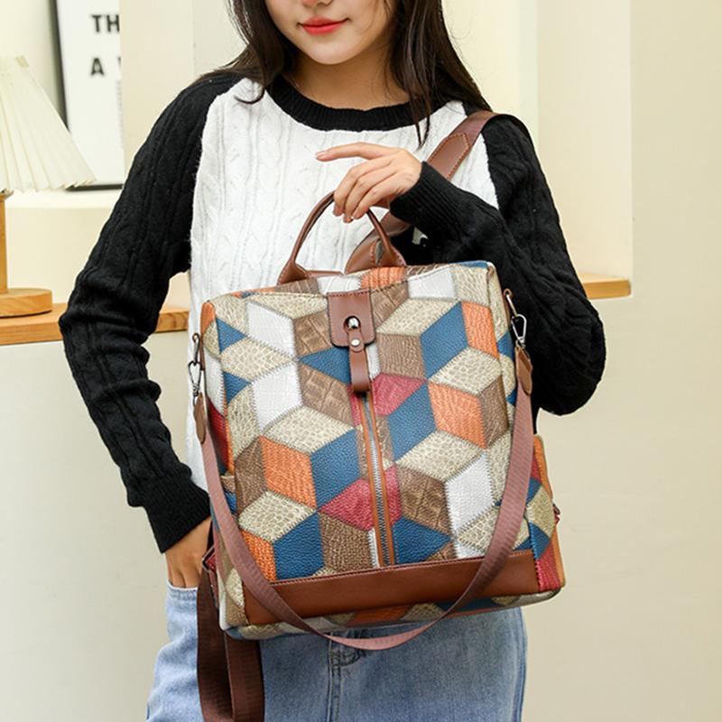 Módní PU kůže Patchwork Nová kabelka Retro Kontrastní barva Street Trend Dámská taška přes rameno Velkokapacitní cestovní Bac