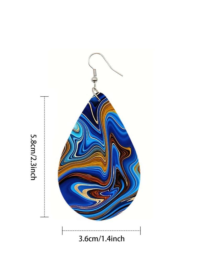 1pair Double-sided Printed Wooden Droplet Shaped Ear Drop Earrings, Suitable For Women's Daily Wear