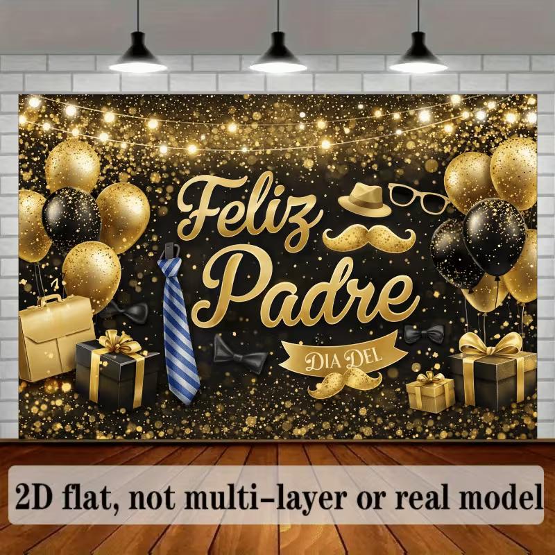 Fondo 2D Oro Negro Día del Padre, Fondo Fotográfico Feliz Padre Corbata y Globo