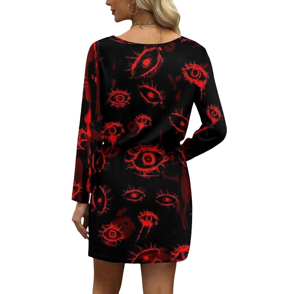 Women's Fashionable V-neck Long Sleeved Drawstring With Pocket Halloween Printed Casual Dress