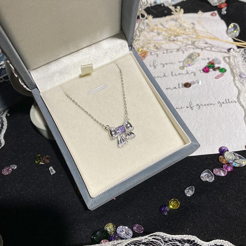Clear Sky Pink Zircon Bow Necklace, S925 Sterling Silver, Micro-set Fine Chain, Everyday Wear.