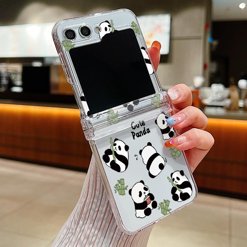 For Samsung Galaxy Z Flip6 Flip5 Flip4 Flip3 Shockproof Cartoon Panda Patterned 3PCS Foldable Hard Pc Clear Case Cover