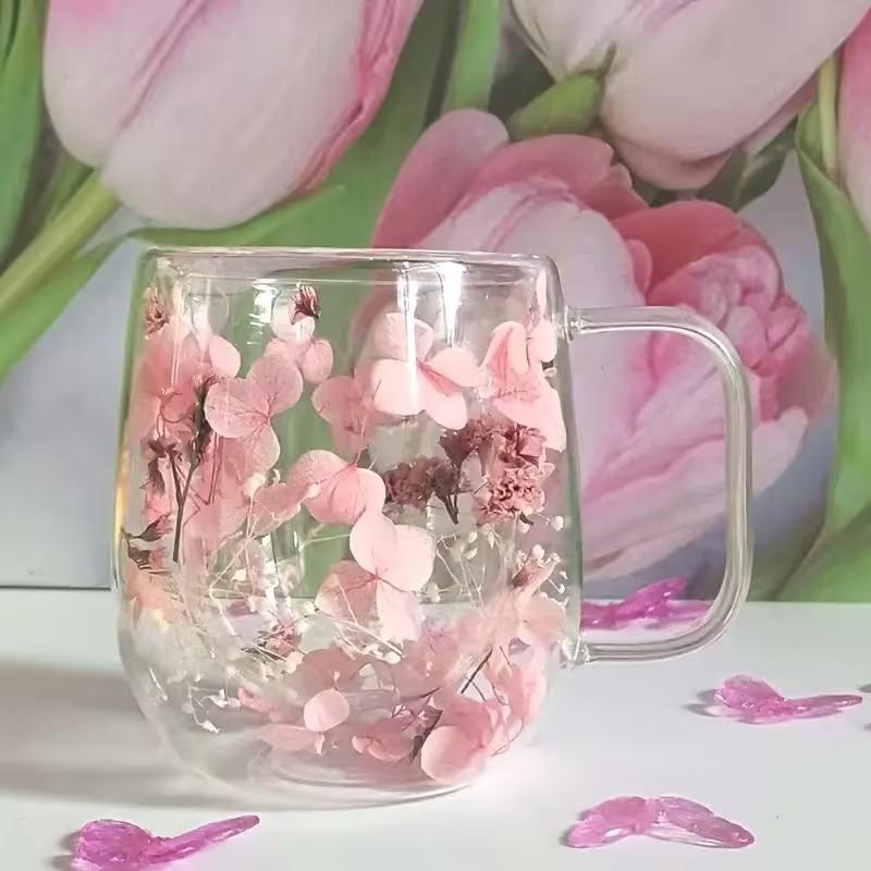 1Pc Double-Walled Glass Coffee Mug With A Real Flower Design Inside, Suitable For Coffee, Milk, And Other Beverages.