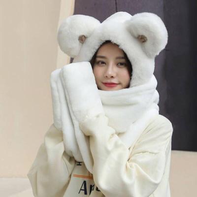 3-in-1 Teddy Bear Fur Hat Winter Set (White)