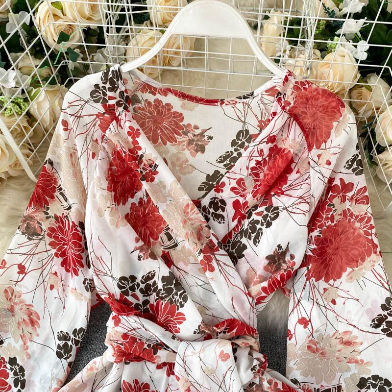Chiffon Floral Top Set Casual V Neck Bandage Blouse Ladies Loose Wide Leg Trousers Suits Summer 2 Pieces Sets