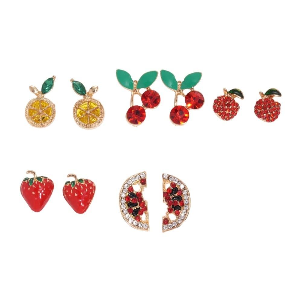 Crystal Rhinestone Mini Cherry Earrings Strawberry Lemon Small Fruits Ear Stud  Women
