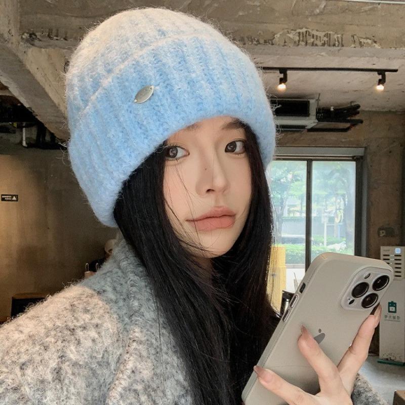 Blue wool hat women's autumn and winter versatile face small knitted hat big head circumference cold and warm bag head hat