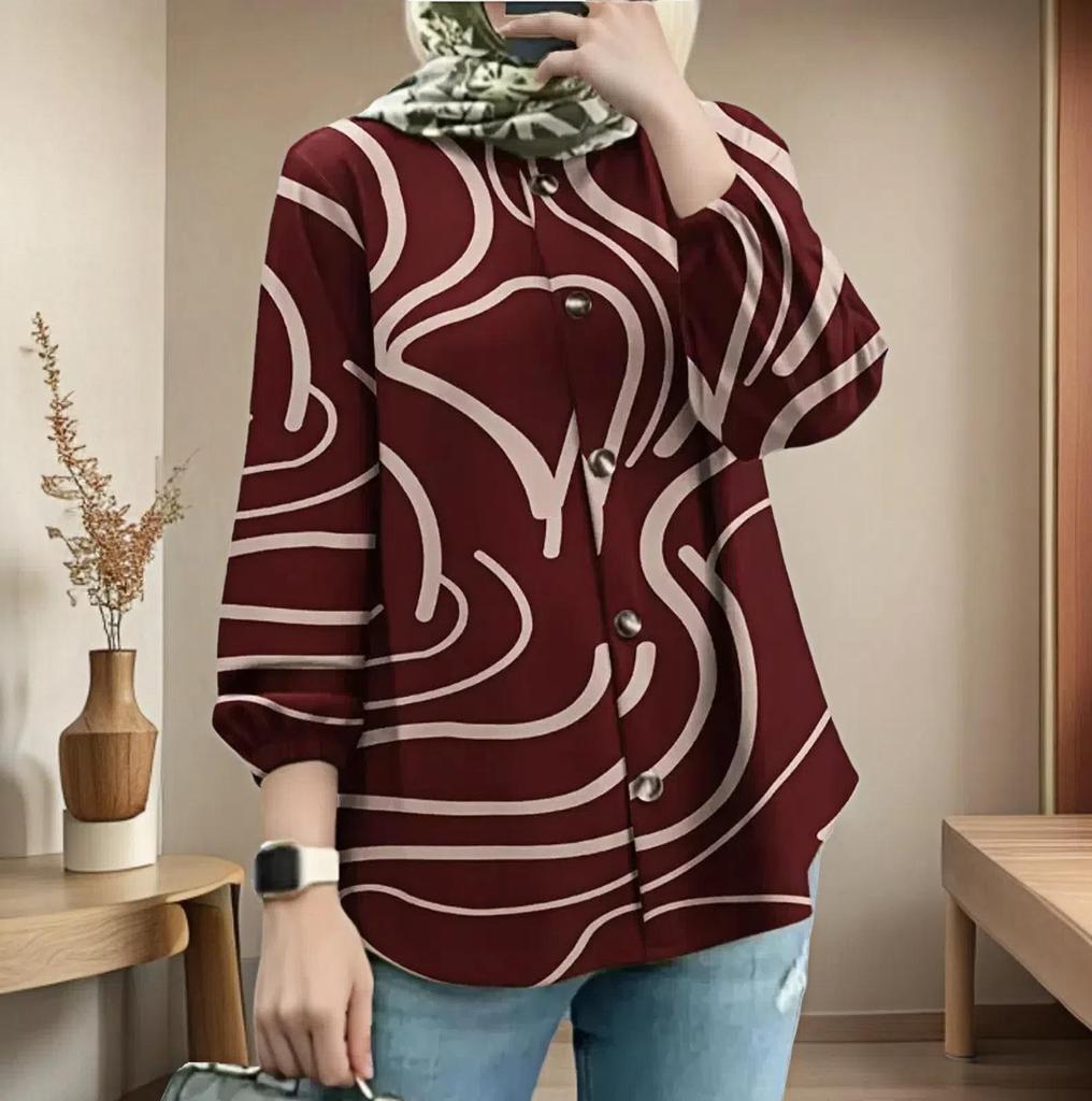 New Plus Size Women's Puff Sleeve Floral Button Shirt