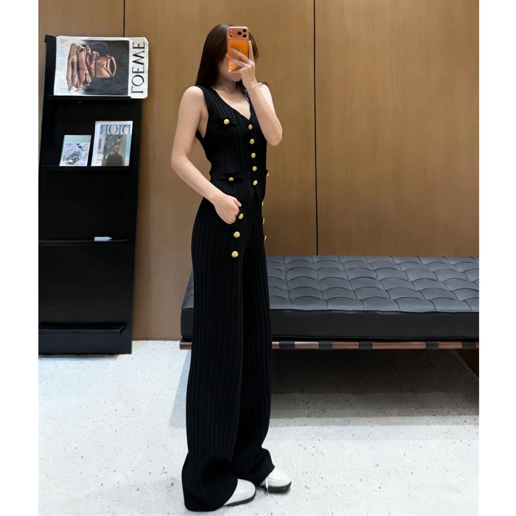 Casual Knitted Sweater Two Piece Sets for Women Metal-button V-neck Sleeveless Fitted Versatile Knit Top and Casual Pants Set