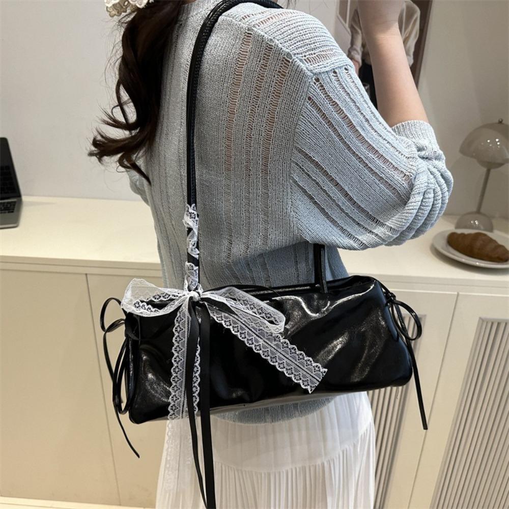 2026 Bow Lace Shoulder Bag Solid Color Casual Lady Handbag Small Square Bag PU Leather Women Armpit Bag