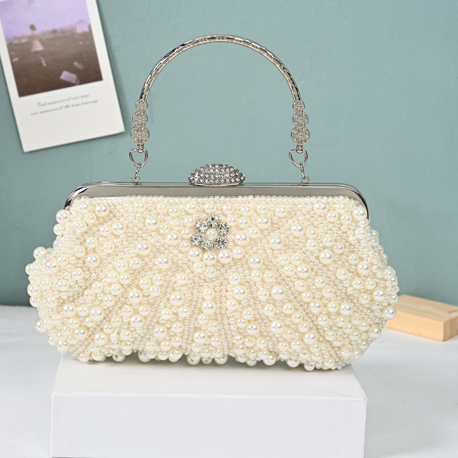 

2023 New Shell Pearl Rhinestone Dinner Bride Dress Shoulder Bag Small Banquet Bag Cocktail Party Handbag Evening Clutch Purse бежевый