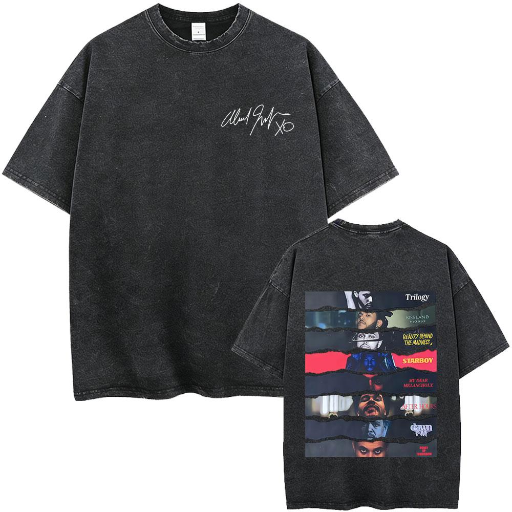 Vintage Gewaschen The Weeknd Starboy Album Grafik T-Shirt Herren Damen Hip Hop Mode Popmusik T-Shirts Männlich Lässig Baumwoll-T-Shirts