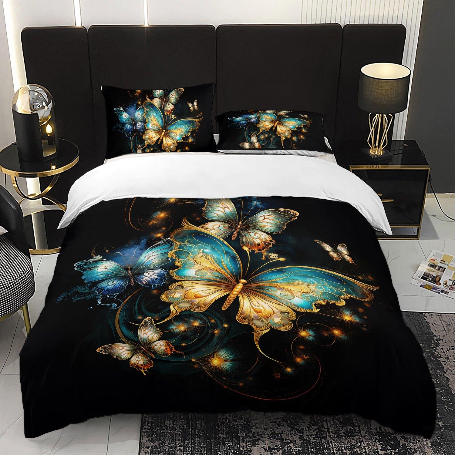 

3pcs Luxury Golden Teal Butterfly Bedding Duvet Cover Set Butterfly Themed Bedding Quilt Set Elegant Butterfly Bedroom Decor (135x200cm)
