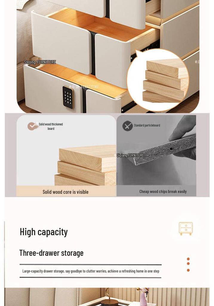 Solid Wood Smart Bedside Table with Wireless Charging, Modern Minimalist Design, Three-Layer Storage, Floor-Standing for Small Apartments.