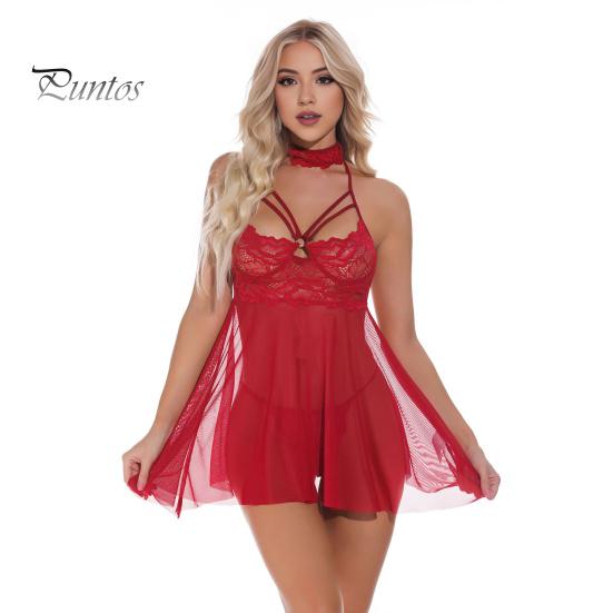 

3 шт./комплект ночная рубашка трусики воротник комплект ажурный шнуровка прозрачный кружево сетка открытая спина регулируемые бретели застежка на крючки и петли стринги пижамы S вино красного