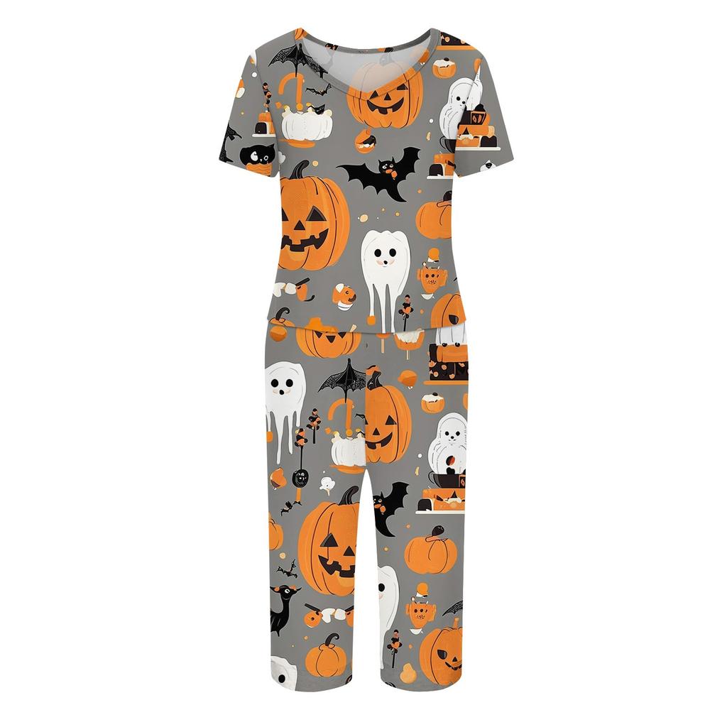 Dvoudílné soupravy pro ženy Krátký rukáv Top a Kalhoty s kapsami Cvičení Měkké Halloweenský potisk Soupravy